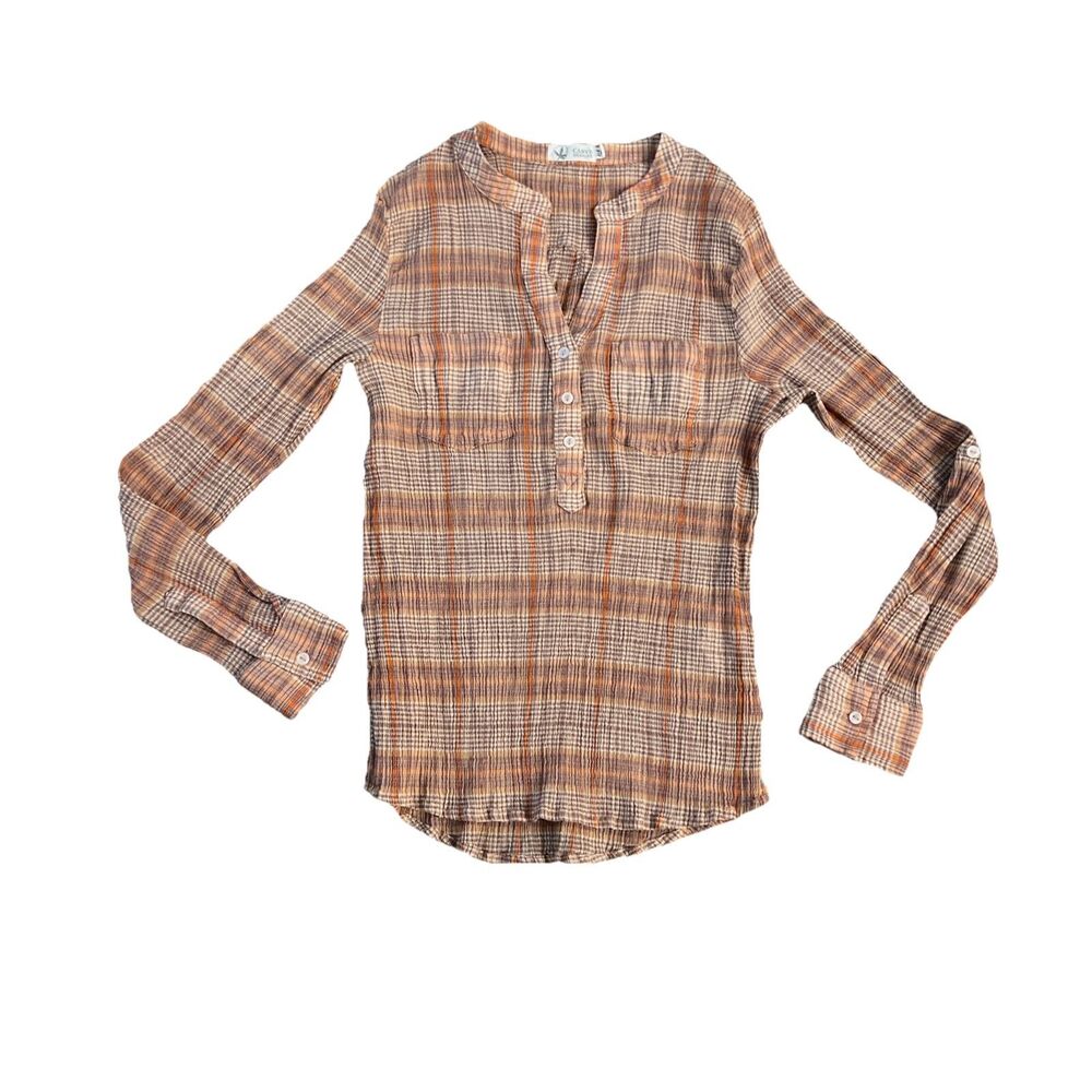 Carve Designs Henley S Plaid Gauzy Crinkle Roll Tab‎ Sleeves  Organic cotton Y2K